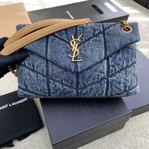 Yves Saint Laurent Loulou Puffer Quilted Denim Shoulder Bag Blue